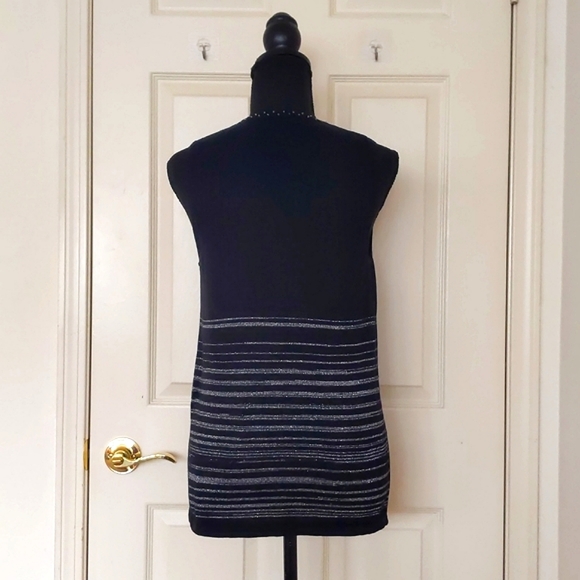 Beads Décor V-Neck Black Lightweight Sweater Vest with Sparkle Silver Stripes. - Picture 2 of 5